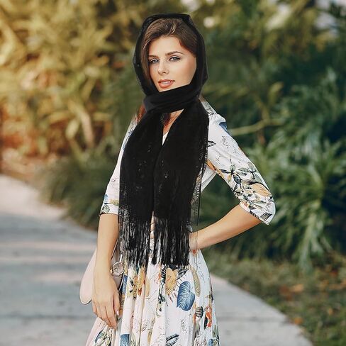 Women's Floral Lace Scarf Shawl with Tassels, Formal Wraps Soft Mesh Fringe Wraps for Wedding Evening Party Dress in Saudi Arabia