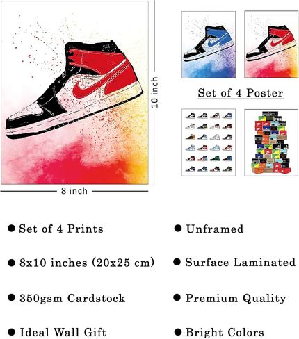 Selesmir Design Sneaker Poster Sneaker Bedroom Decor Unframed Set of 4 (8x10 Inches) Gym Shoes Stacked Shoebox Collection Aesthetic Cool Wall Art Prints for Teen Boys Guys Men Cave in Saudi Arabia