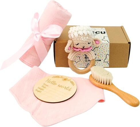 Newborn Gift Set: Bib, Handmade Crochet Rattle, Muslin Cloth, and Hairbrush. Perfect Baby Gift for Boys and Girls in Saudi Arabia
