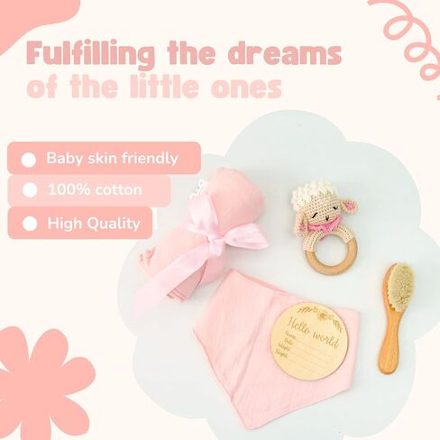 Newborn Gift Set: Bib, Handmade Crochet Rattle, Muslin Cloth, and Hairbrush. Perfect Baby Gift for Boys and Girls in Saudi Arabia