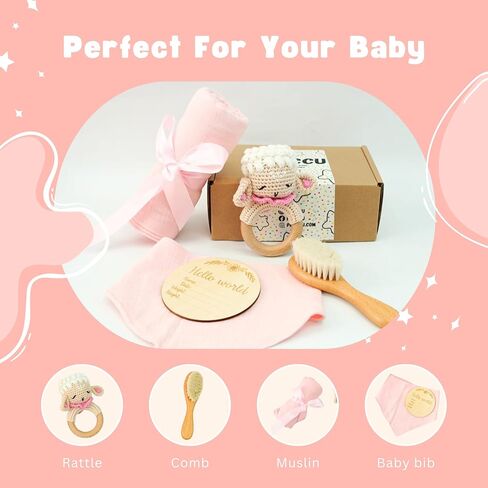 Newborn Gift Set: Bib, Handmade Crochet Rattle, Muslin Cloth, and Hairbrush. Perfect Baby Gift for Boys and Girls in Saudi Arabia