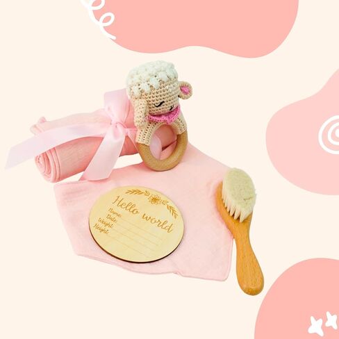 Newborn Gift Set: Bib, Handmade Crochet Rattle, Muslin Cloth, and Hairbrush. Perfect Baby Gift for Boys and Girls in Saudi Arabia