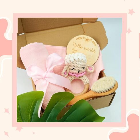 Newborn Gift Set: Bib, Handmade Crochet Rattle, Muslin Cloth, and Hairbrush. Perfect Baby Gift for Boys and Girls in Saudi Arabia