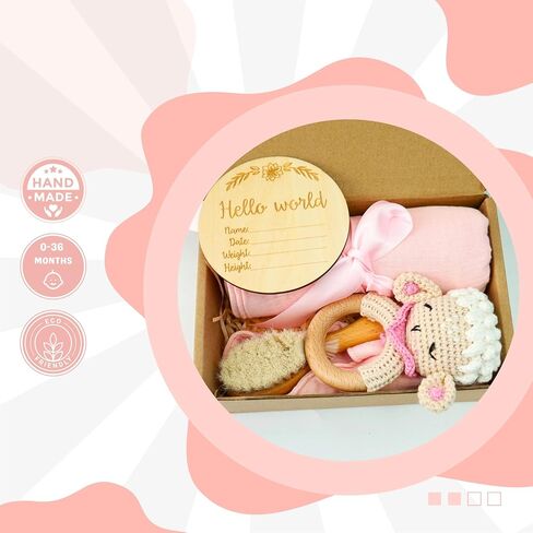 Newborn Gift Set: Bib, Handmade Crochet Rattle, Muslin Cloth, and Hairbrush. Perfect Baby Gift for Boys and Girls in Saudi Arabia