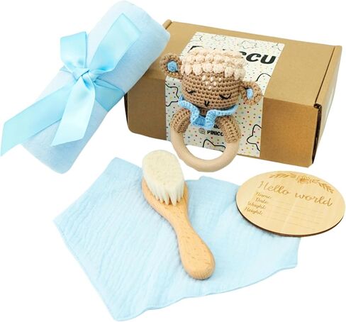Newborn Gift Set: Bib, Handmade Crochet Rattle, Muslin Cloth, and Hairbrush. Perfect Baby Gift for Boys and Girls in Saudi Arabia