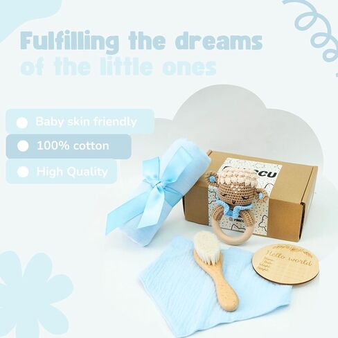 Newborn Gift Set: Bib, Handmade Crochet Rattle, Muslin Cloth, and Hairbrush. Perfect Baby Gift for Boys and Girls in Saudi Arabia
