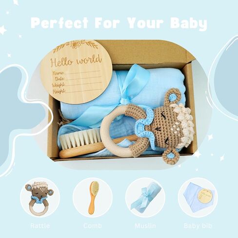 Newborn Gift Set: Bib, Handmade Crochet Rattle, Muslin Cloth, and Hairbrush. Perfect Baby Gift for Boys and Girls in Saudi Arabia