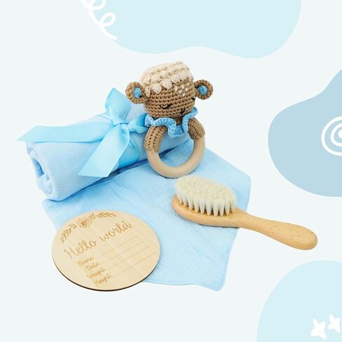 Newborn Gift Set: Bib, Handmade Crochet Rattle, Muslin Cloth, and Hairbrush. Perfect Baby Gift for Boys and Girls in Saudi Arabia
