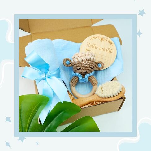 Newborn Gift Set: Bib, Handmade Crochet Rattle, Muslin Cloth, and Hairbrush. Perfect Baby Gift for Boys and Girls in Saudi Arabia