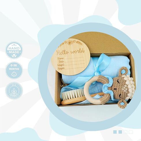 Newborn Gift Set: Bib, Handmade Crochet Rattle, Muslin Cloth, and Hairbrush. Perfect Baby Gift for Boys and Girls in Saudi Arabia
