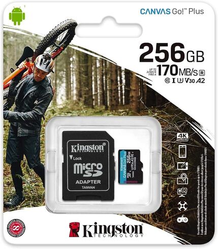 بطاقة Kingston MicroSD سعة 256 جيجابايت Canvas Go Plus متوافقة مع طائرات DJI Avata 2 Mini 4K بدون طيار لتسجيل فيديو 4K (SDCG3/256GB) حزمة سرعة قراءة 170 ميجابايت/ثانية مع (1) كل شيء ما عدا قارئ بطاقات MicroSD من Stromboli in Kuwait