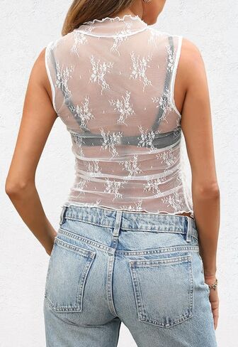 MEROKEETY Women's 2024 Sleeveless Sheer Mesh Crop Top Mock Neck Summer Sexy Lace Tank Y2K See Through Blouses Shirts in Saudi Arabia