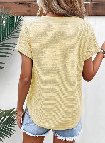 EVALESS Womens Cap Short Sleeve Textured Tops Summer Dressy Casual V Neck Solid Loose Basic T Shirts Tee Blouses in Kuwait