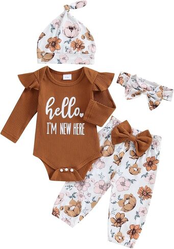 Ayalinggo Hi Im New Here Newborn Outfit Girl Ruffle Romper Shirt Floral Pants Beanie Hat Headband 4Pcs Spring Clothes Set in Saudi Arabia