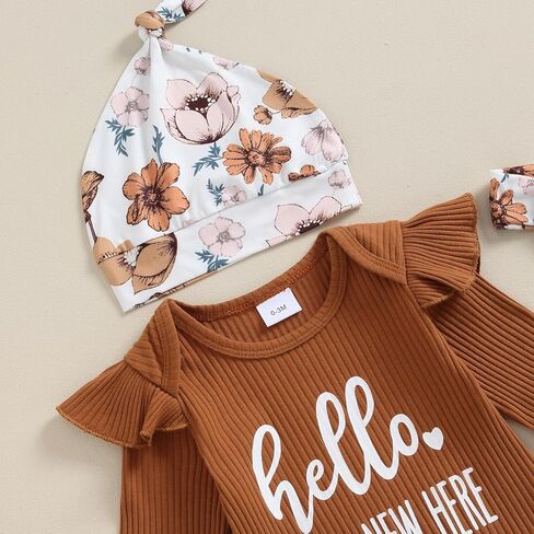 Ayalinggo Hi Im New Here Newborn Outfit Girl Ruffle Romper Shirt Floral Pants Beanie Hat Headband 4Pcs Spring Clothes Set in Saudi Arabia