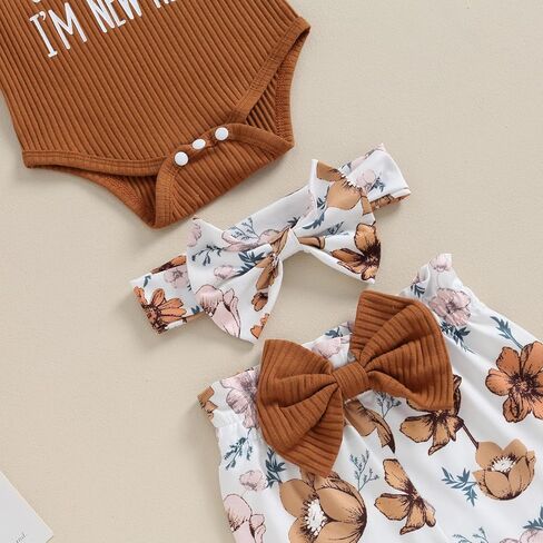 Ayalinggo Hi Im New Here Newborn Outfit Girl Ruffle Romper Shirt Floral Pants Beanie Hat Headband 4Pcs Spring Clothes Set in Saudi Arabia