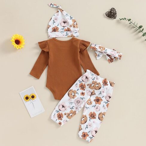 Ayalinggo Hi Im New Here Newborn Outfit Girl Ruffle Romper Shirt Floral Pants Beanie Hat Headband 4Pcs Spring Clothes Set in Saudi Arabia
