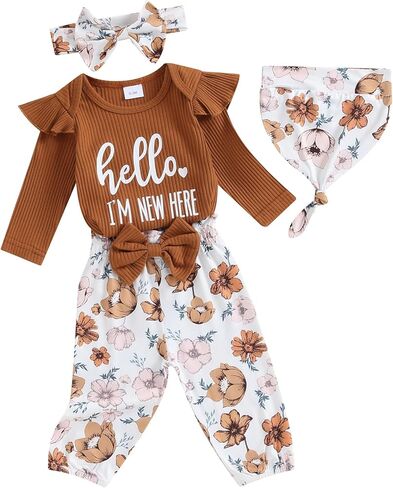 Ayalinggo Hi Im New Here Newborn Outfit Girl Ruffle Romper Shirt Floral Pants Beanie Hat Headband 4Pcs Spring Clothes Set in Saudi Arabia