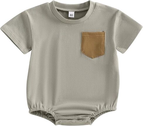 Unisex Baby Boy Girl Bubble Romper Color Block Short Sleeve Oversized Pocket T-Shirt Bodysuit Top Summer Clothes in Saudi Arabia
