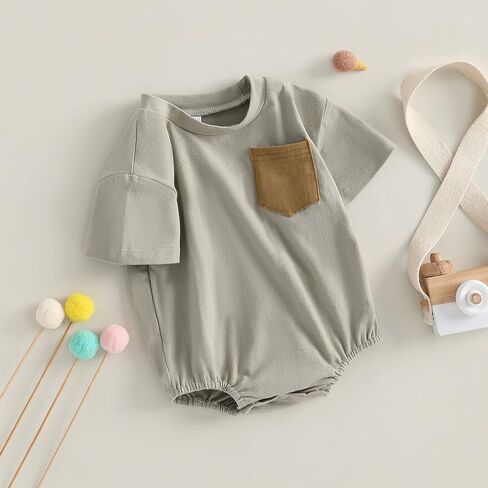Unisex Baby Boy Girl Bubble Romper Color Block Short Sleeve Oversized Pocket T-Shirt Bodysuit Top Summer Clothes in Saudi Arabia