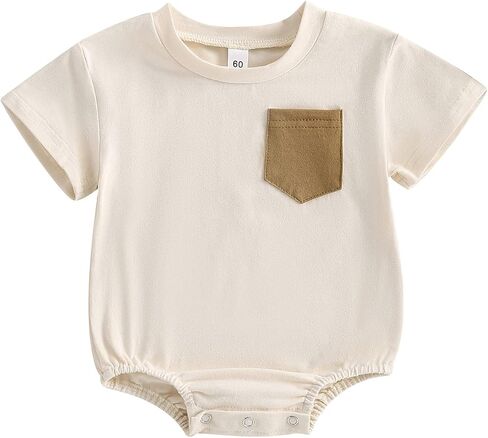 Unisex Baby Boy Girl Bubble Romper Color Block Short Sleeve Oversized Pocket T-Shirt Bodysuit Top Summer Clothes in Saudi Arabia