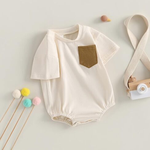Unisex Baby Boy Girl Bubble Romper Color Block Short Sleeve Oversized Pocket T-Shirt Bodysuit Top Summer Clothes in Saudi Arabia