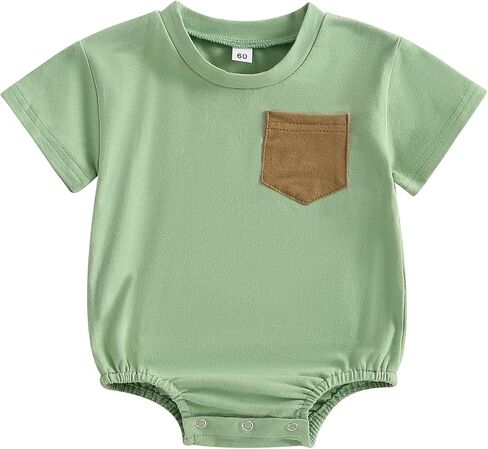 Unisex Baby Boy Girl Bubble Romper Color Block Short Sleeve Oversized Pocket T-Shirt Bodysuit Top Summer Clothes in Saudi Arabia