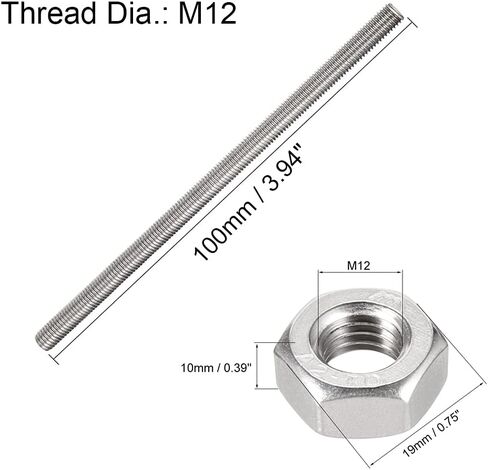 قضيب ملولب بالكامل - 5 قطع M12 x 100 مم 304 قضبان مسامير من الفولاذ المقاوم للصدأ، 10 قطع M12 x 1.75 مم متري صواميل سداسية خشنة in Saudi Arabia