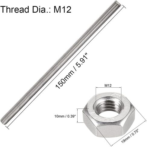 قضيب ملولب بالكامل - 5 قطع M12 x 100 مم 304 قضبان مسامير من الفولاذ المقاوم للصدأ، 10 قطع M12 x 1.75 مم متري صواميل سداسية خشنة in Saudi Arabia