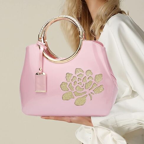 XingChen Women Handbag Patent Leather Flower Pattern Satchel Charm Glossy Purse Metal Grip Structured Shoulder Bag in Kuwait