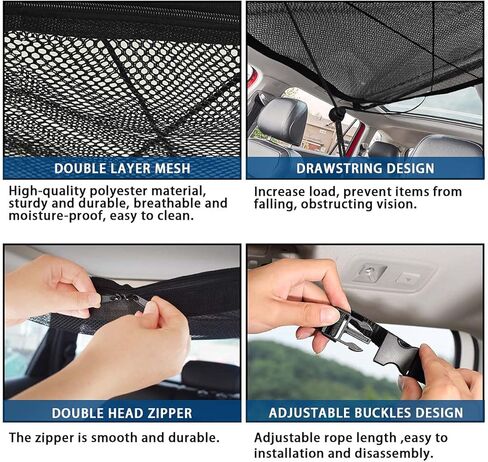 Car SUV Roof Ceiling Cargo Overhead Storage Net Pocket 35.5"x25.6" Tent Gear Sundries Organizer Holder Organization Awning Van Trunk Travel Long Road Trip Camping Essentials Interior Accessories in Kuwait