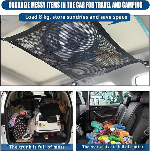 Car SUV Roof Ceiling Cargo Overhead Storage Net Pocket 35.5"x25.6" Tent Gear Sundries Organizer Holder Organization Awning Van Trunk Travel Long Road Trip Camping Essentials Interior Accessories in Kuwait