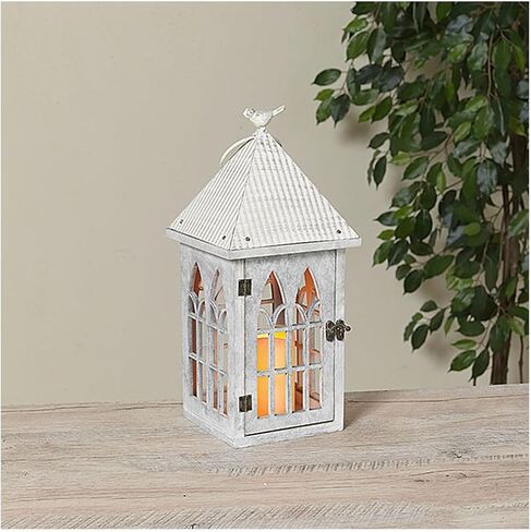 فانوس جيرسون 13.5 بوصة H B/O مضاء من المعدن والخشب مع لمسة طائر وشمعة LED in Kuwait