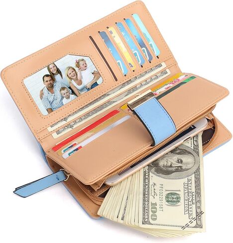 Women's Long short Leather Money Clip Card Case Holder Purse Zipper Buckle Elegant Clutch Wallet（pair） (Blue Large) in Saudi Arabia