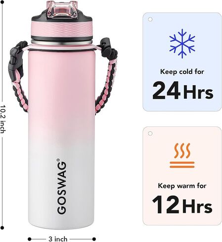 GOSWAG Insulated Sports Water Bottle, 24oz 2 Lids(with Straw/No Straw), Stainless Steel Water Bottles with Paracord Handle, Insulated Thermos with Double-Wall Vacuum Insulation in Saudi Arabia