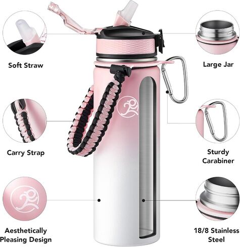 GOSWAG Insulated Sports Water Bottle, 24oz 2 Lids(with Straw/No Straw), Stainless Steel Water Bottles with Paracord Handle, Insulated Thermos with Double-Wall Vacuum Insulation in Saudi Arabia