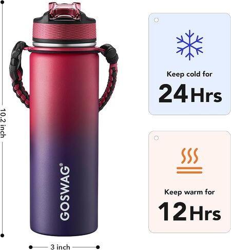 GOSWAG Insulated Sports Water Bottle, 24oz 2 Lids(with Straw/No Straw), Stainless Steel Water Bottles with Paracord Handle, Insulated Thermos with Double-Wall Vacuum Insulation in Saudi Arabia