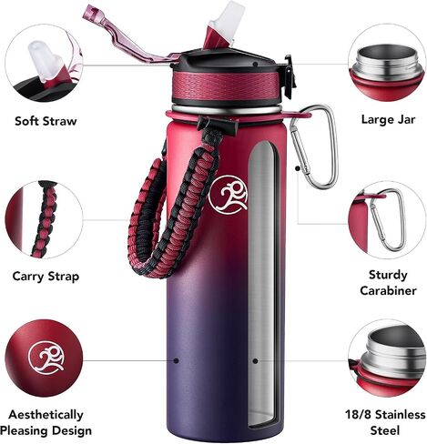 GOSWAG Insulated Sports Water Bottle, 24oz 2 Lids(with Straw/No Straw), Stainless Steel Water Bottles with Paracord Handle, Insulated Thermos with Double-Wall Vacuum Insulation in Saudi Arabia