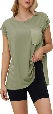 EXLURA Womens Summer Short Cap Sleeve Workout T Shirts Casual Loose Fit Gym Tunic Plus Size Side Split Trendy 2024 Tank Tops in Saudi Arabia