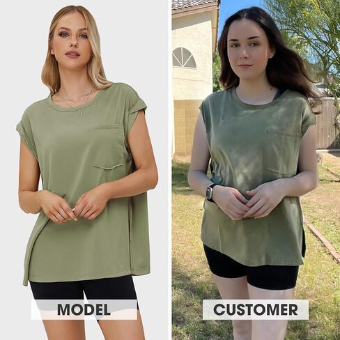 EXLURA Womens Summer Short Cap Sleeve Workout T Shirts Casual Loose Fit Gym Tunic Plus Size Side Split Trendy 2024 Tank Tops in Saudi Arabia