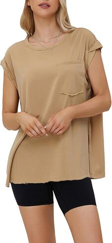 EXLURA Womens Summer Short Cap Sleeve Workout T Shirts Casual Loose Fit Gym Tunic Plus Size Side Split Trendy 2024 Tank Tops in Saudi Arabia