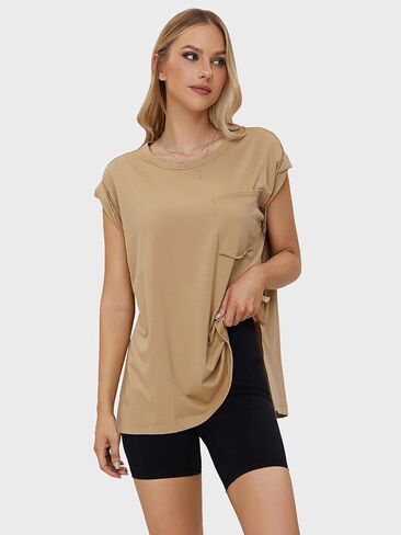 EXLURA Womens Summer Short Cap Sleeve Workout T Shirts Casual Loose Fit Gym Tunic Plus Size Side Split Trendy 2024 Tank Tops in Saudi Arabia