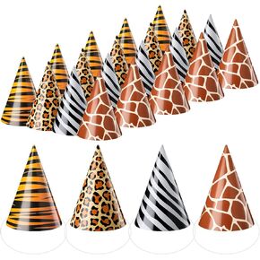 24 Pieces Safari Party Hats Jungle Animal Safari Theme Birthday Party Cone Paper Hats for Kids Wild One Birthday Decorations Zoo Party Supplies Favor, 8 x 6 inches