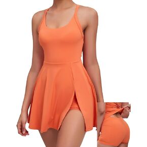 Womens Tennis Workout Dress with Open-Back Waistband Shorts Golf Acitve Side Slit Dresses