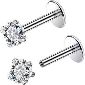 Jenxnjsjo F136 Titanium 20/18/16G Flat Back Nose Rings Studs Earrings Piercing Jewelry for Women Men 6/8/10mm Screw On Tops with Flatback Straight Bar 3mm Diamond Cartilage Tragus Conch Helix Stud