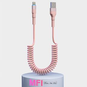 Coiled Lightning Cable for Apple CarPlay,[MFi Certified] Short Retractable iPhone Charger Cable Cord with Date Sync LED,Coiled iPhone Charger Cable for iPhone iPad iPod,Pink