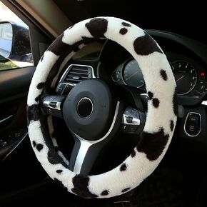 Plush Cow Print Steering Wheel Cover Fluffy Winter Warm Universal 15 inch for Women Girls