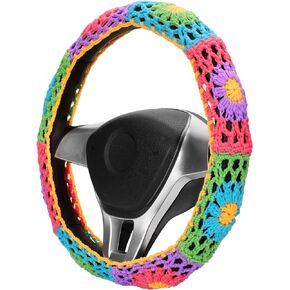 Boho Crochet Steering Wheel Cover Set, Crochet Flower Seat Belt Covers, Girly Car Accessories for Women, Handmade Knit Steering Wheel Cover by HZYZW (A Wheel Cover)