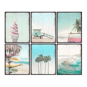 Rustic Vintage Nautical Ocean Poster Prints for Beach House Decor, Home Decoration Set - 6-8x10 Tropical Summer Wall Art - Cute Shabby Chic Gift - UNFRAMED Photo Pictures - Flamingo, Palm Tree, Wave