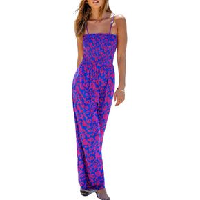 CUPSHE Women's Jumpsuits Floral Square Neck Smocked Bodice Jumpsuit Sleeveless Overall Straight Leg Outfit Casual